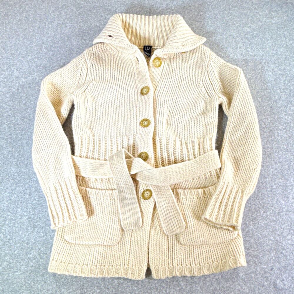 Vintage GAP Cardigan Sweater Y2K Chunky Knit Belted Cream S Lambswool Angora